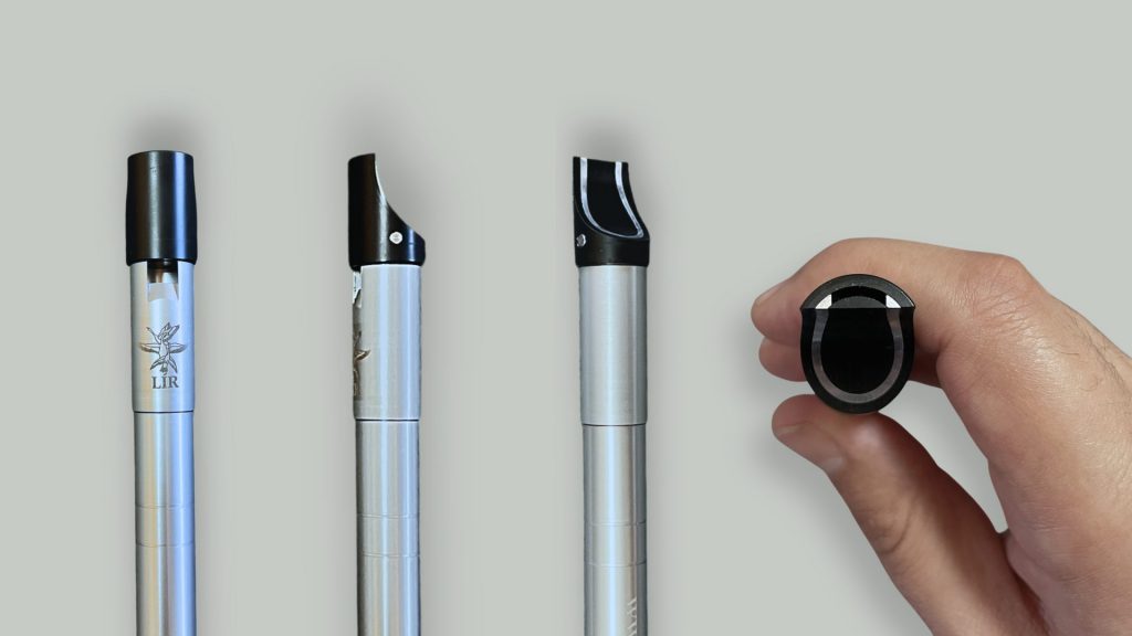 Close-ups of the Lir PRO tin whistle mouthpiece (head) and blowing windway