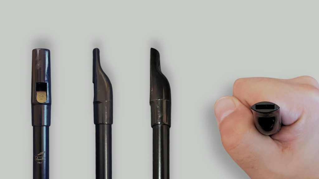 Close-ups of the Shush PRO tin whistle mouthpiece (head) and blowing windway