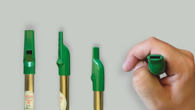 Close-ups of the Waltons Mellow tin whistle mouthpiece (head) and blowing windway